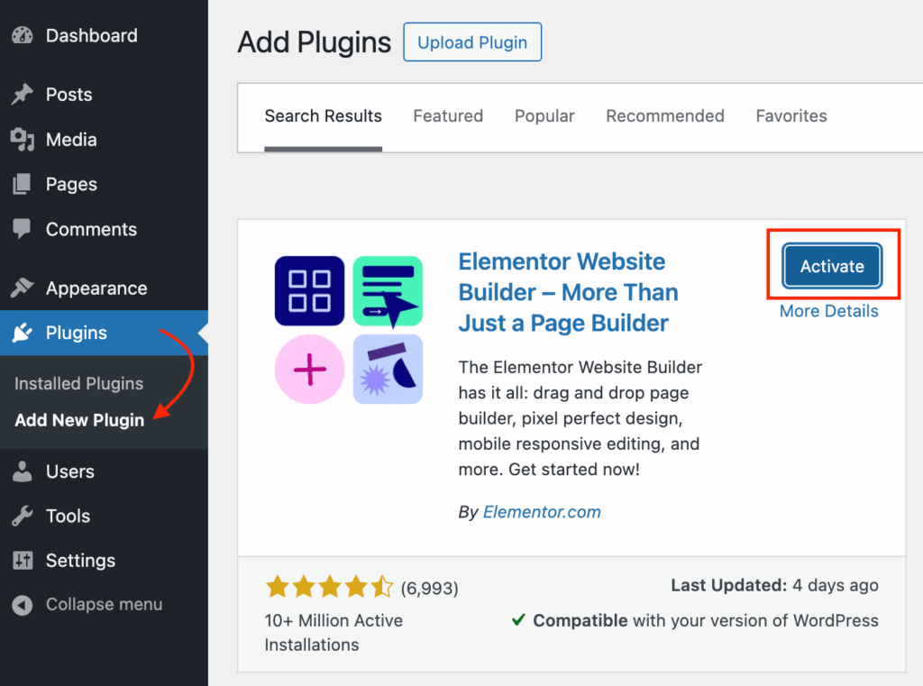 WordPress Add New Plugin Dashboard and search Elementor in Searchbar