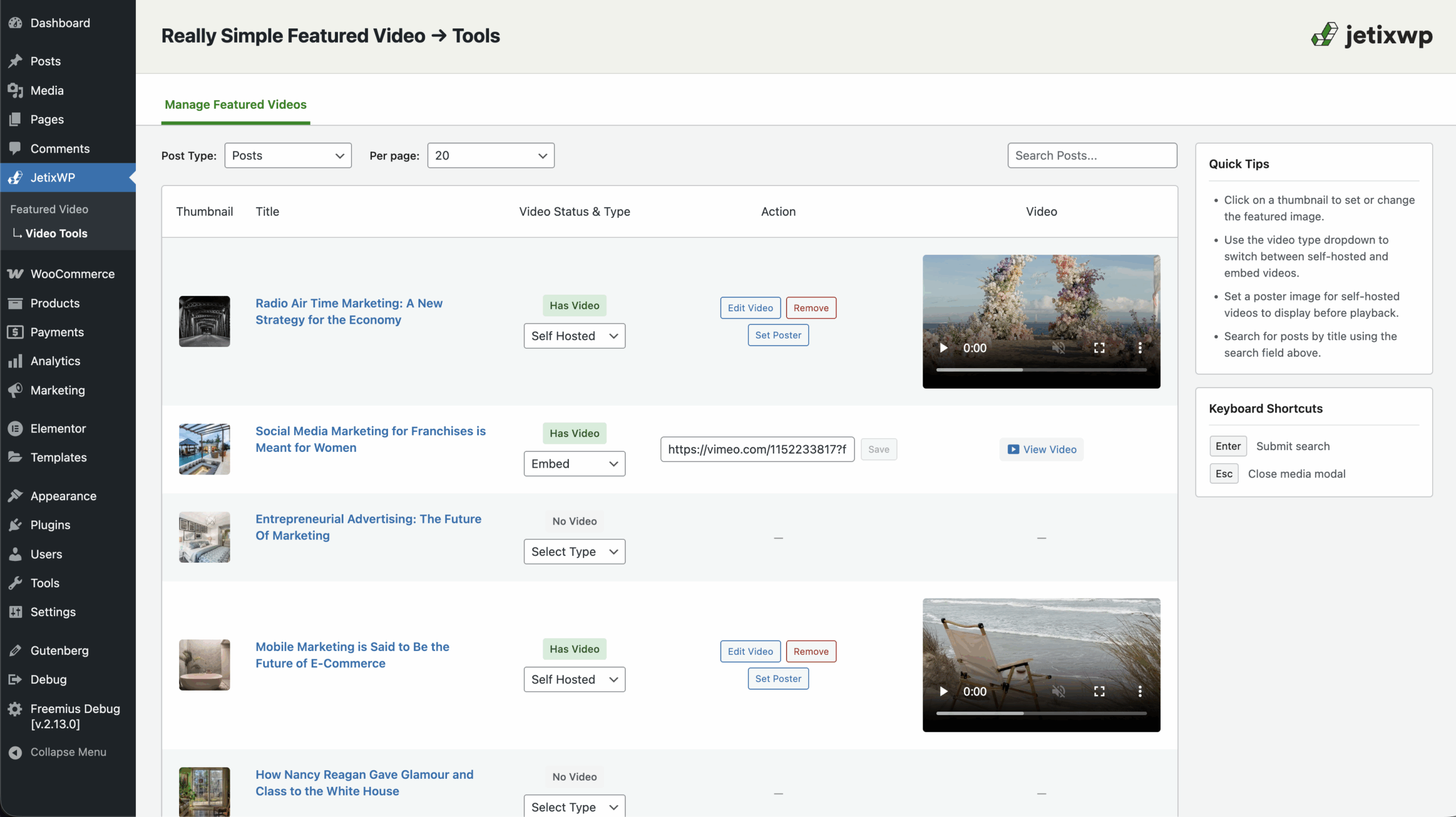 Featured Video management panel in WordPress admin