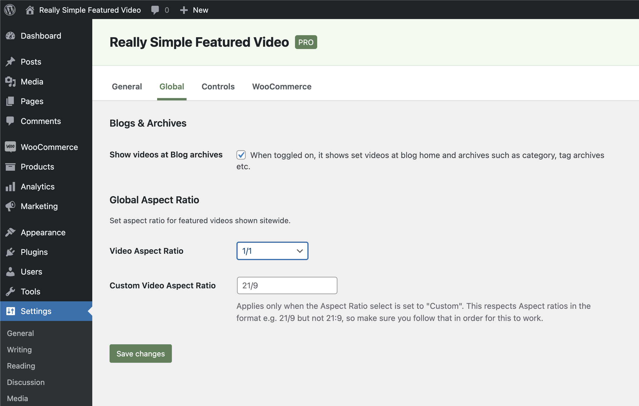 Set global video aspect ratios