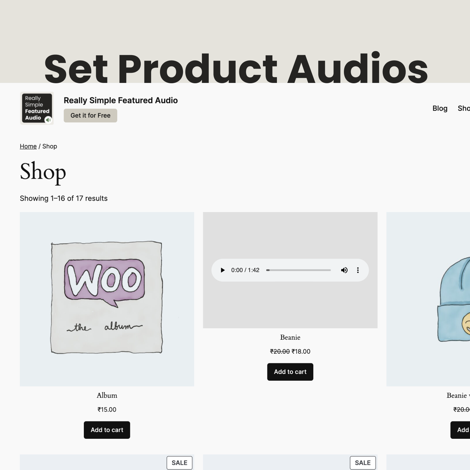 Audio players on a WooCommerce shop page next to the product images