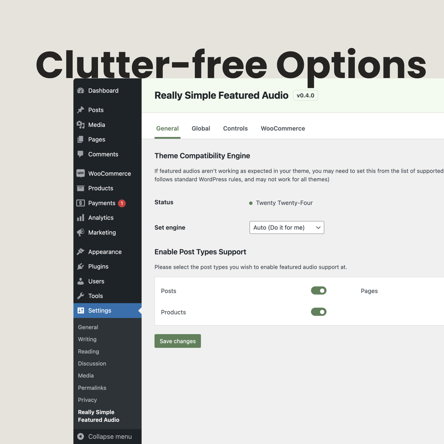 Really Simple Featured Audio settings for autoplay, mute, and where audio shows